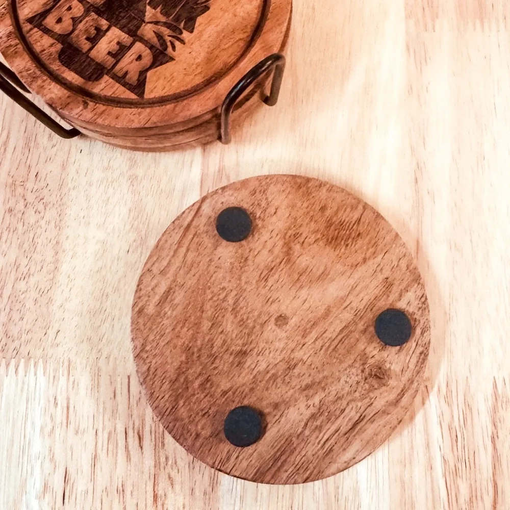 Rustic Wooden Coaster Set - Funny Beer Engraved Designs with Holder